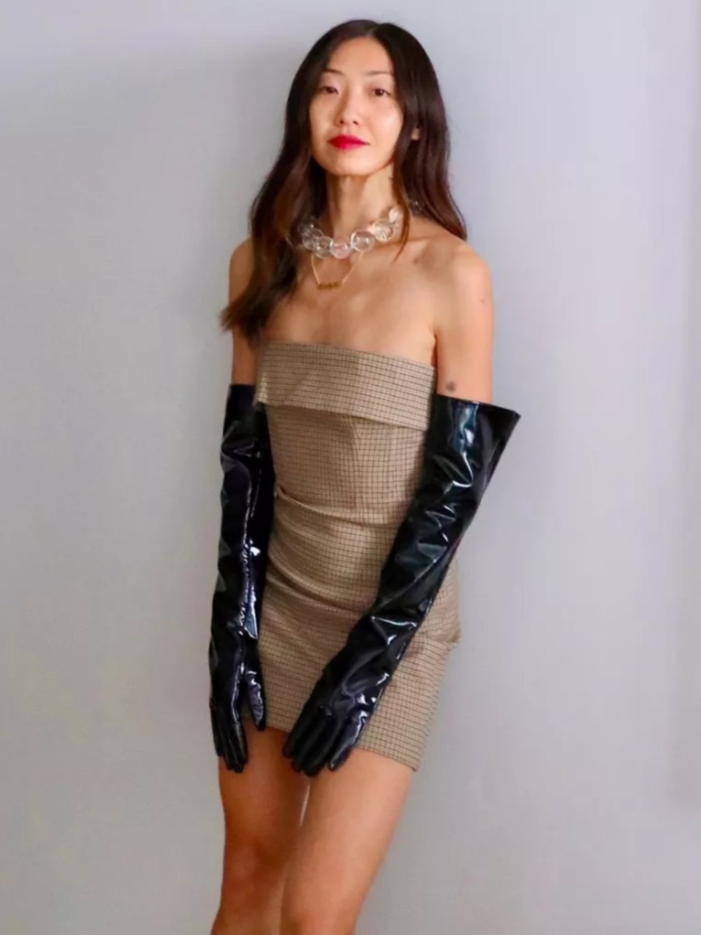 Helsa Strapless Tan Checked Mini Dress